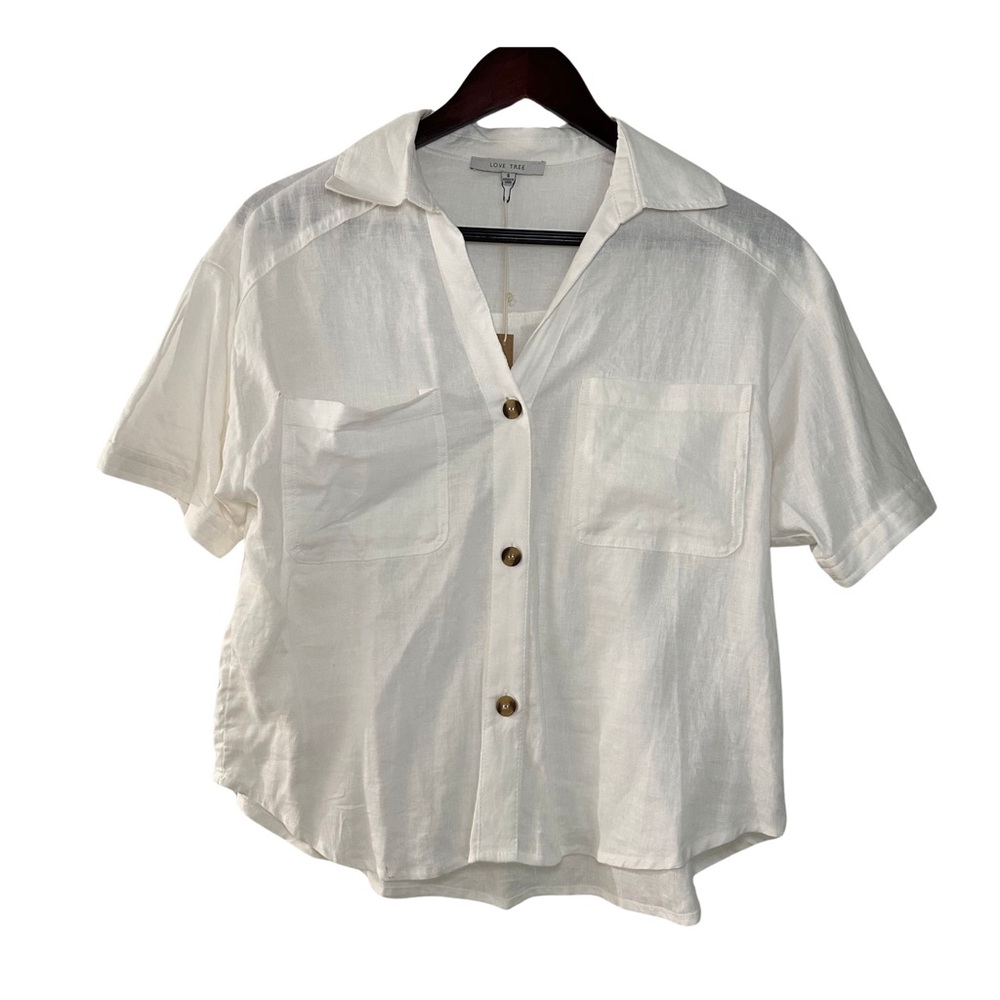 NWT White Linen Short Sleeve Double Pocketed Button Down Collared Top